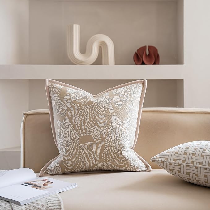 Premium Throw Pillow Covers 20x20 Inches - Oatmeal Zebra Framed Chenille Jacquard Embroidery Decorative Couch Pillow Covers for Living Room Bedroom Sofa Home Décor