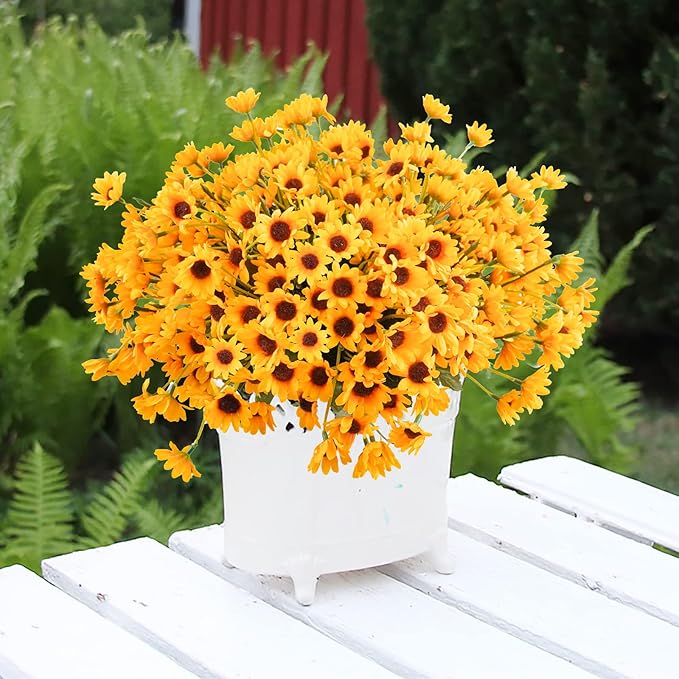 Uieke 6 Bundles Sunflowers Artificial Flowers Daisy Mums Fake Flowers Outdoor UV Resistant No Fade Fall Flowers 24 Stems Greenery Shrubs Indoor Outside Home Wedding Office DIY Garden Décor (Yellow)