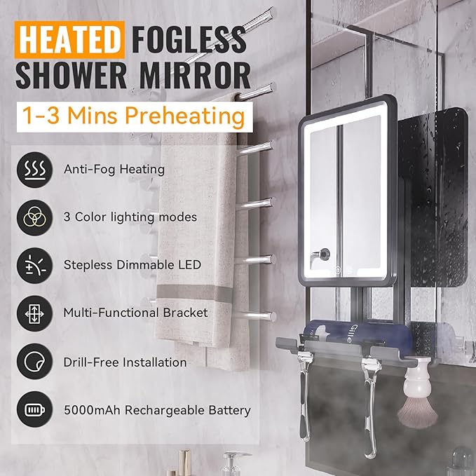 LED Fogless Shower Mirror for Shaving - Heated Fog Free, 3 Dimmable Lights, 360° Adjustable, Rechargeable - with Storage Tray, Razor & Shaving Brush Holders, Gifts for Men