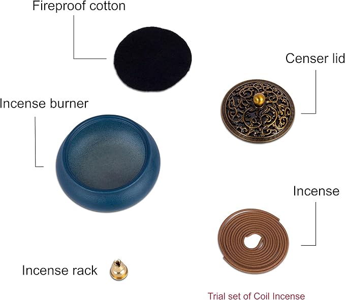Ceramic Incense Burner Gift Set with Carved Metal Lid, Incense Holder, and Fireproof Cotton – for Stick, Cone, Coil, Sage & Frankincense – Elegant Home & Meditation Decor – Gift Boxed by SIKZU.(Blue)