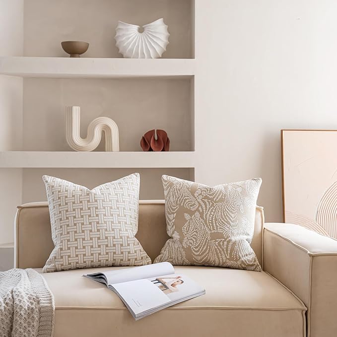 Premium Throw Pillow Covers 22x22 Inches - Oatmeal Zebra Chenille Jacquard Embroidery Decorative Couch Pillow Covers for Living Room Bedroom Sofa Home Décor
