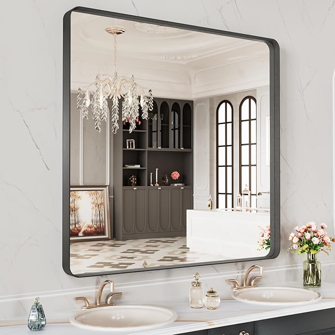 LOAAO 40X38 Inch Black Metal Framed Bathroom Mirror for Wall, Matte Black Bathroom Vanity Mirror Farmhouse, Anti-Rust, Tempered Glass, Hangs Horizontally or Vertically