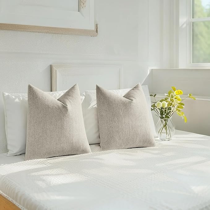 HAUSSY Natural Linen Throw Pillow Covers 18x18 Inch Set of 2,Boho Decorative Faux Linen Throw Pillows Cozy Farmhouse Accent Cushion Covers,Home Decor for Couch Sofa Bed Living Room