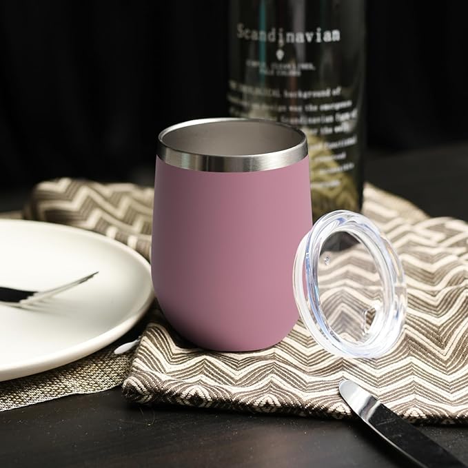 DOMICARE Stainless Steel Wine Tumbler Bulk with Lid, Personalized Insulated Tumblers Set, 12oz Travel Coffee Cups Pack of 4, Pink