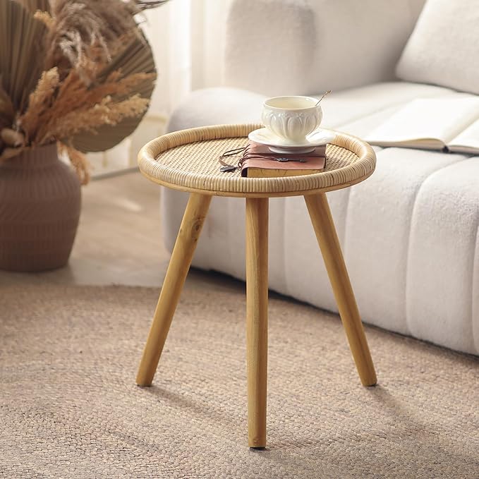 Rattan Round Coffee Table, Boho Circle Side Table End Table for Living Room, Small Mid Century Accent Table for Bedroom Balcony