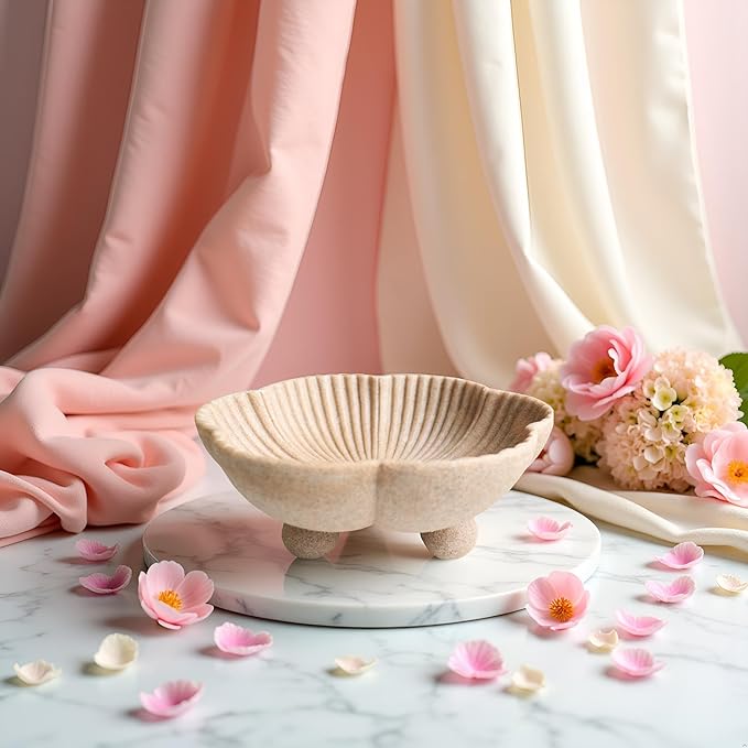 Large Decorative Bowl decor, Scalloped Pedestal Bowls for Modern Home Decor,Ruffle Decor,Stylish Key Bowl for Entry Table,Decorative Fruit Bowl for Kitchen Counter, Artificial Stone Beige