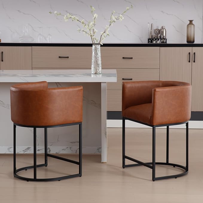 Modern Counter Height PU Leather Upholstered Bar Stool, 24" Kitchen Counter Island Stools Bar Chairs with Black Metal Frame, Brown