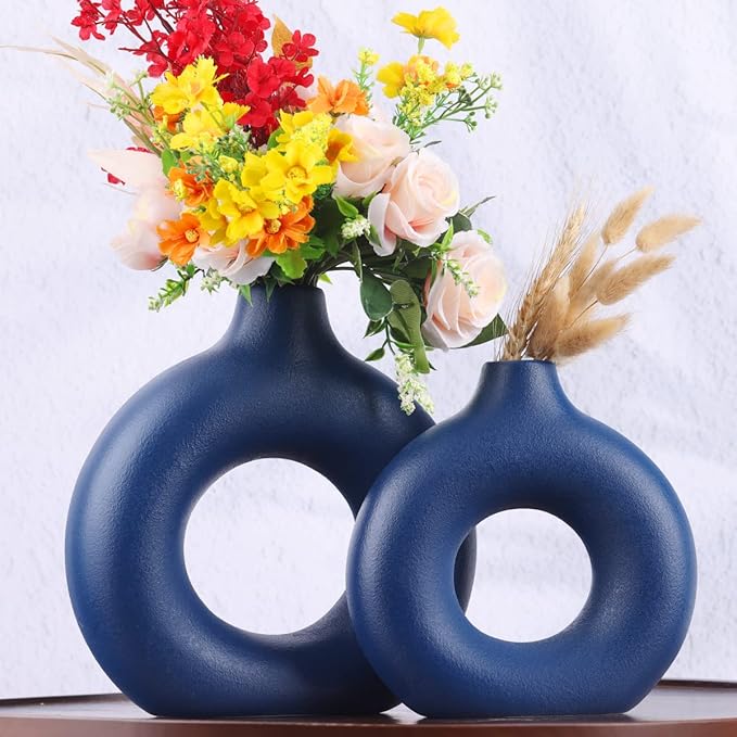 Blue Ceramic Vases Set - 2 Circular Donut Vases for Farmhouse or Country Style Decor, Modern Blue Accents for Living Room, Table Centerpiece, Fireplace Mantel or Entryway Shelf Decoration