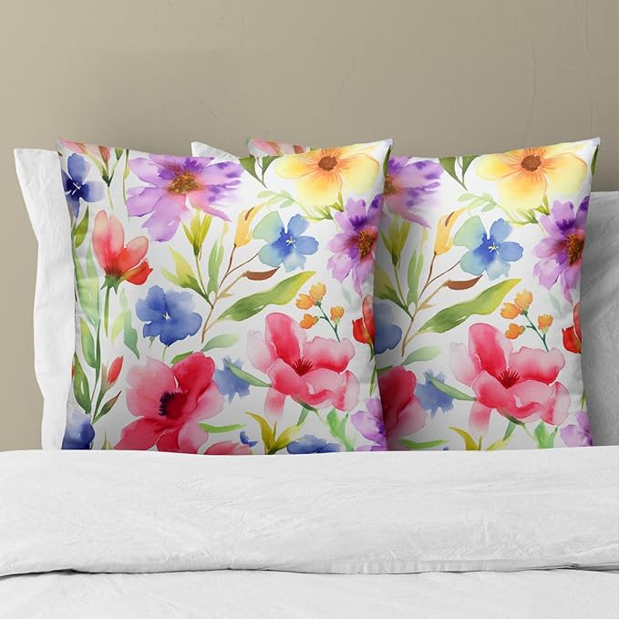 Spring Summer Throw Pillow Covers - Watercolor Flowers Pillow Covers 16x16 Inch Set of 2 Floral Pillowcase Botanical Blossom Cushion Cover for Couch Sofa Garden Patio