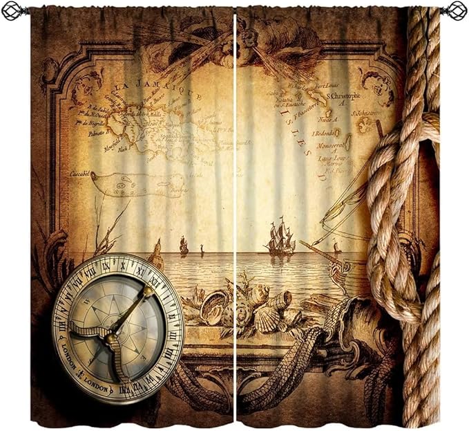 Pirate Map Curtains, Nautical Theme Old Ancient Treasure Map Secret Sea History Pattern Blackout Window Drapes for Kids Boys Bedroom Living Room 42x54 Inch