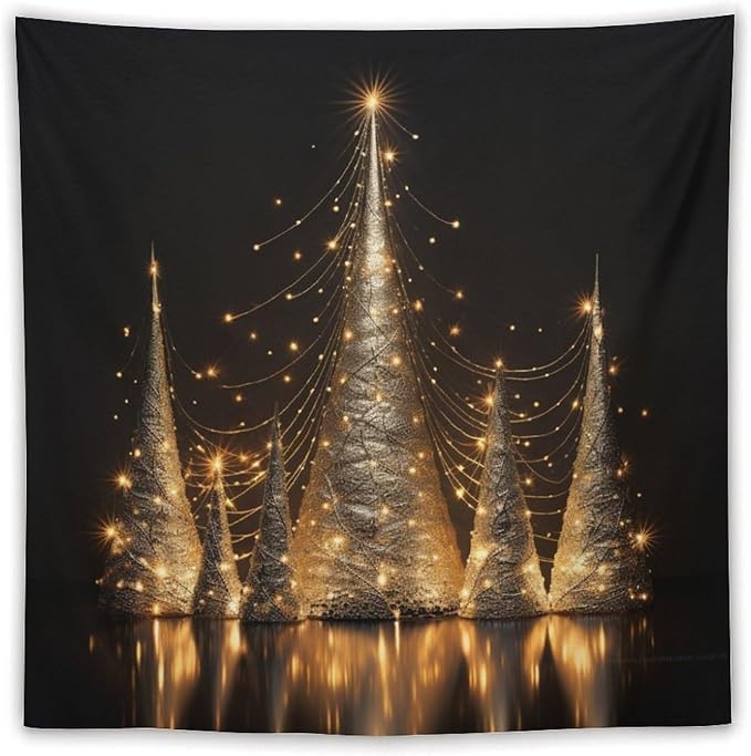 MaSiledy Silver Lighted Christmas Trees Wall Tapestry Happy New Year Vintage Aesthetic Tapestry Wall Hanging Landscape Tapestry Wall Art for Bedroom Wall Hanging for Room 60"x60"