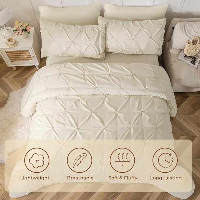 Sasttie Twin Comforter Set, 5-Piece Bed in a Bag, Pintuck Bedding Sets for All Season, Includes Comforter, Flat Sheet, Fitted Sheet, Pillowcase and Pillowsham, Beige