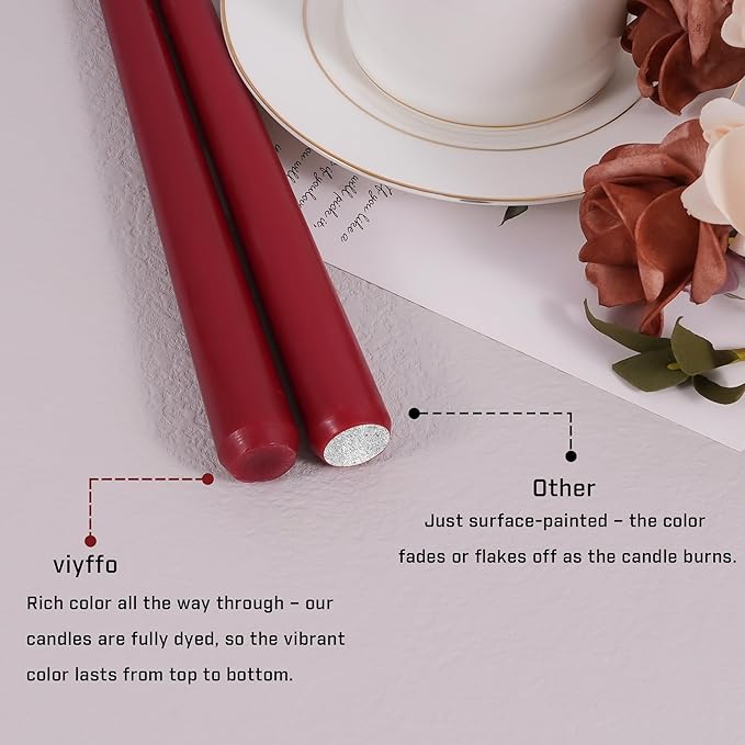 Viyffo Taper Candles 10 Inch – 12 Pack Wine, Dripless, Unscented, Smokeless – 8 Hour Burn – Tall Candlesticks for Wedding, Dinner, Holiday, Party, Home Decor