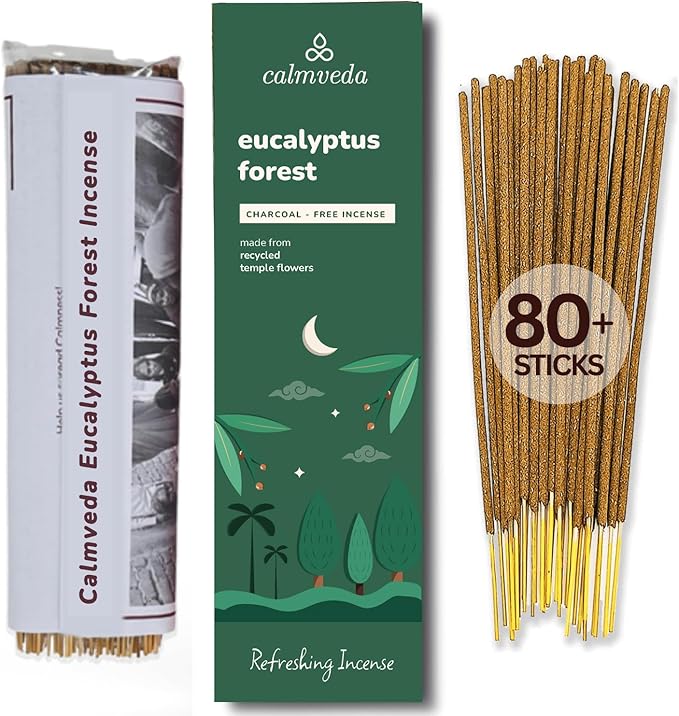 Forest Eucalyptus Incense Sticks - 80 Charcoal Free Incense Sticks, Made from Upcycled Flowers | Crisp, Refreshing Aroma of Rainforest, Transports You to Eucalyptus Forest
