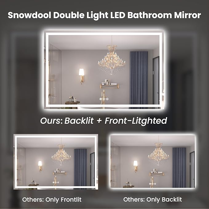 55"X30" LED Bathroom Mirror with Front Lights and Backlit, Anti-Fog, Dimmable, Shatter-Proof Tempered Glass, Lighted Bathroom Vanity Mirror for Wall with 3 Colors, Memory Function