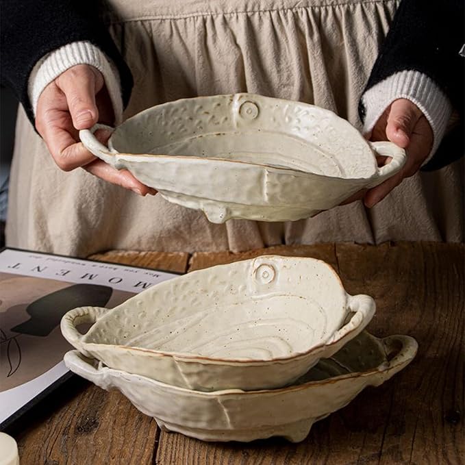 Free-Form Edge Ceramic Bowl with Handles, Size Small, Retro Distressed Style Glazed for Fruit Bowl,Salad Bowl,Table Centerpiece Decor