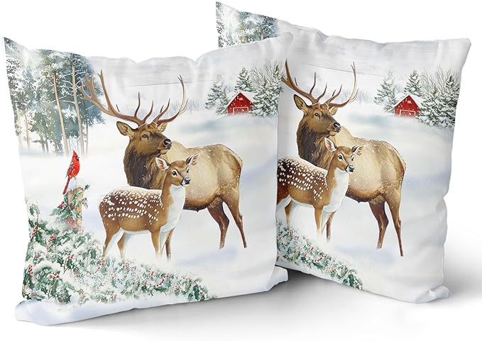 Giwawa Winter Deer Pillow Covers Set of 2, Farmhouse Elk Reindeer Wildlife Cotton Pillow Cases, 16"x16" Xmas Tree Snow Cottage Throw Cushion Covers for Sofa Couch Bedroom Indoor Outdoor Decor