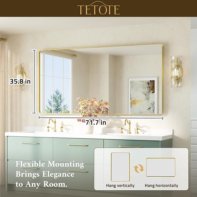 TETOTE 72 x 36 Inch Gold Framed Mirror Vanity Mirrors for Wall Decor Brushed Gold Bathroom Mirrors, Tempered Glass, Modern Farmhouse Wall Mounted Mirror for Decorative(Horizontal/Vertical)