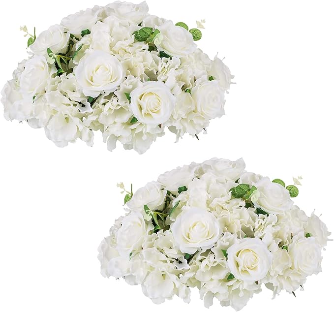 NUPTIO Flower Ball Arrangement Bouquet - 2 Pcs 15.7 inch Diameter White Fake Flowers Roses Balls for Centerpieces Tables - Artificial Rose Arrangements for Wedding Centerpiece Table Decorations