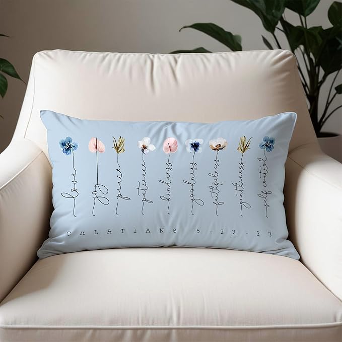 Fruit of The Spirit Bible Verse Pillow Covers 12x20, Boho Floral Christian Throw Pillow Covers for Home Office Church Decor, Christian Gifts for Women, Faith Based Gifts(Blue)