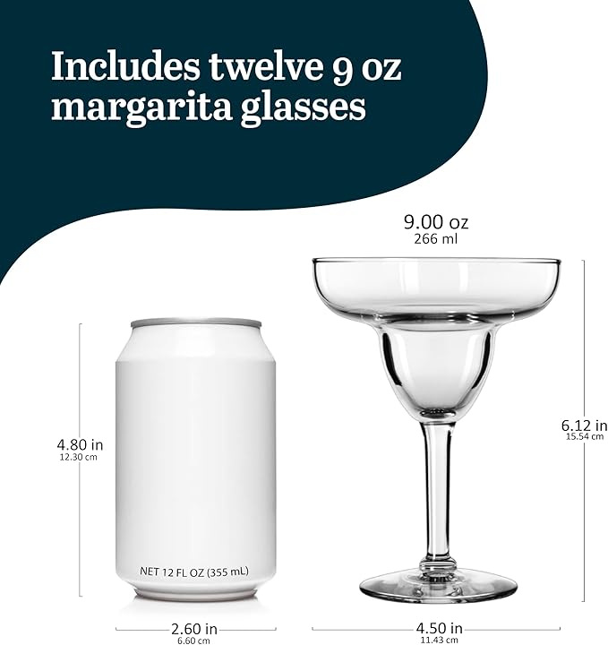 Libbey Margarita Glasses Set of 12, Durable Large Margarita Glass, 9 Oz Dishwasher Safe Stemmed Drinking Glasses Gift for Weddings, Parties and More