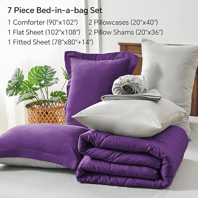 BEDELITE King Size Comforter Set 7 Pieces Bed in A Bag - Soft Microfiber Reversible Purple Bed Set with Comforters, Sheets, Pillowcases & Shams, Cozy Luxury Bedding Sets for All Season