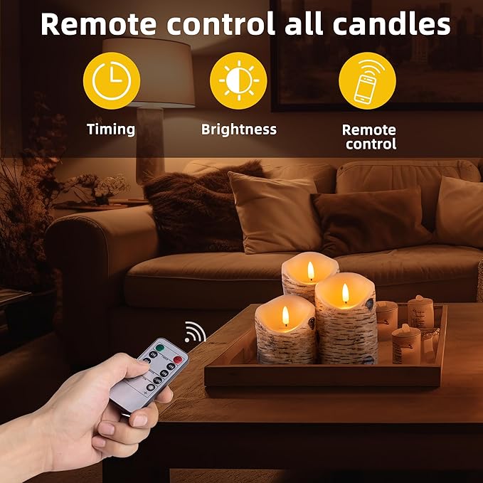 Birch Bark Effect Flameless Candles Battery Operated Pillar Real Wax Flickering Electric LED Candle Sets with Remote Control Cycling 24 Hours Timer, 4" 5" 6" Pack of 3