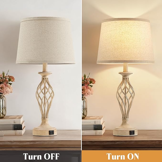 Bedside Table Lamp for Bedroom Set of 2 - Beige Nightstand Lamps with USB C+A Ports,Rustic Distressed Farmhouse Bedroom Lamp - Lamp for Living Room Reading Bed Side End Table Bulbs Included