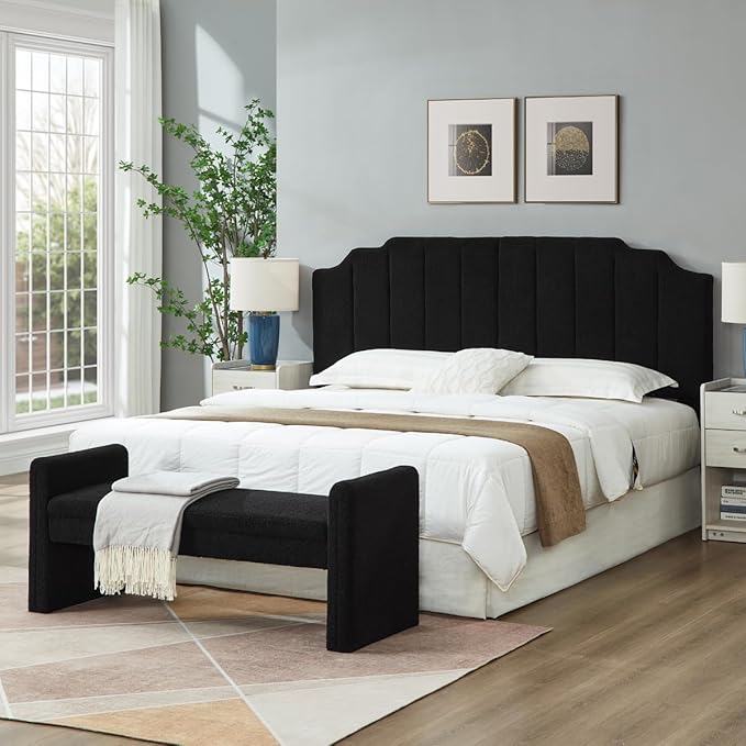 24KF Black Teddy Fabric Tufted King Upholstered Headboard, Modern Vertical Channel Design California King Headboard with Stepped Silhouette Top Edge,6026-K-Teddy Black
