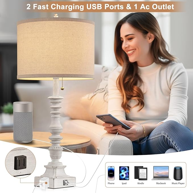 Farmhouse Table Lamps for Bedroom Set of 2, 29.5" Tall Rustic Bedside Lamp with USB Ports and AC Outlet, Vintage Nightstand Table Lamp for Living Room with Linen Drum Shade, White, Pull Chain