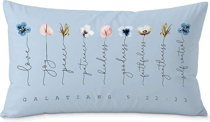 Fruit of The Spirit Bible Verse Pillow Covers 12x20, Boho Floral Christian Throw Pillow Covers for Home Office Church Decor, Christian Gifts for Women, Faith Based Gifts(Blue)