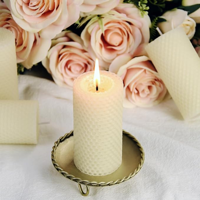 Drippless Beeswax Pillar Candle - Hand Rolled Pure Natural Beeswax Candles 2 x 4 inch, Honeycomb Surface - Great for Home Decor, Best Choice for Mother Father or Sister Gift - Pack of 2 Ivory White