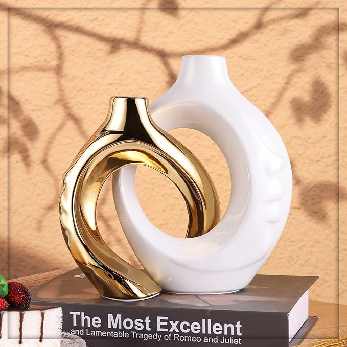 White Gold Ceramic Decorative Vase Home Decor, White and Gold Vase Set of 2, Pampas Grass Decorative Vase, Coffee Table Vase, Entryway Table Decor (White Gold)