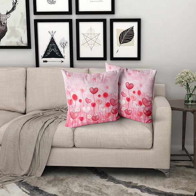 Giwawa Love Hearts Pillow Cover Set of 2 Red Pink Dots Heart Floral Cushion Covers Valentines Day Decorative Square Cotton Throw Pillowcases 16x16 Inches for Couch Sofa Bedding Wedding Holiday