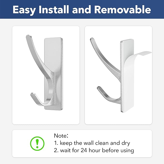 pickpiff Stick on Hooks for Hanging, Extra Sticky 6KG (Max), Coat Hook on Door for Towel Coat Hat Key, Self Adhesive Hangers Wall Mounted, Silver, 6 Pack