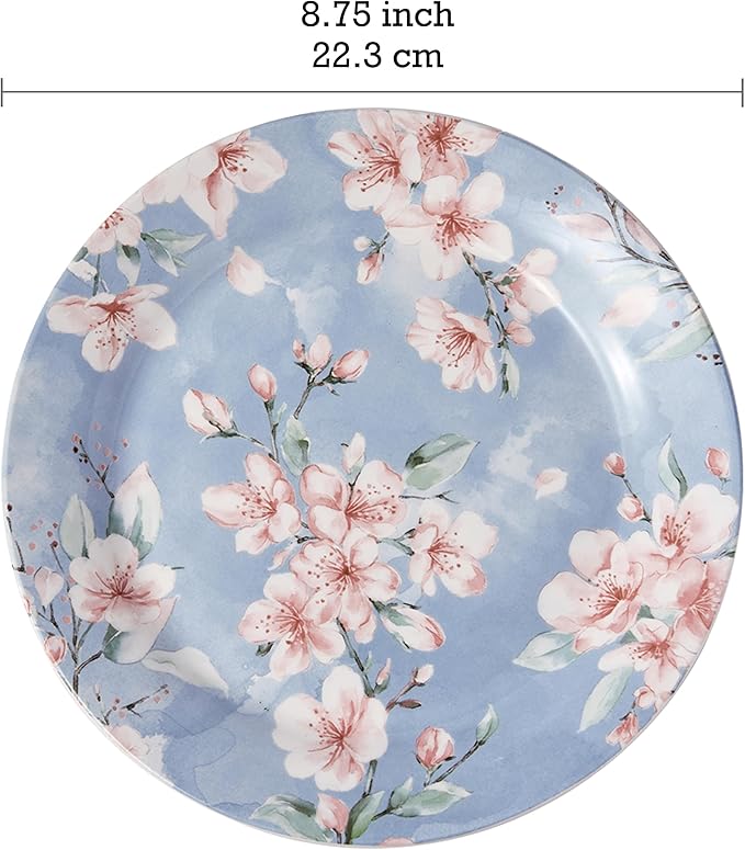 Bico Spring Sakura Salad Plates Set of 4, 8.75 Inch Ceramic Dessert Plates for Salad, Appetizer, Side Dishes, Microwave and Dishwasher Safe, Gift for Housewarming and Thanksgiving