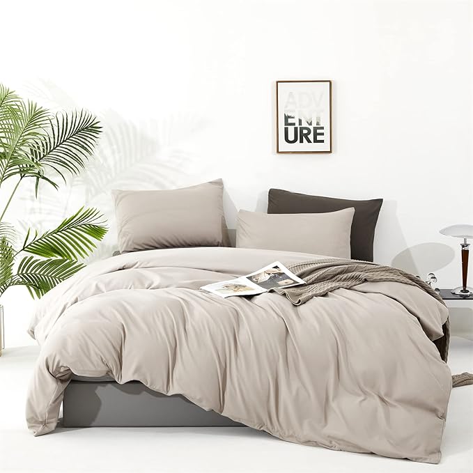 KAREVER Light Khaki Comforter Set Twin Size Oatmeal Color Bedding Set Boys Girls 3 Pieces Champagne Twin Bed Blanket Set All Season Gift