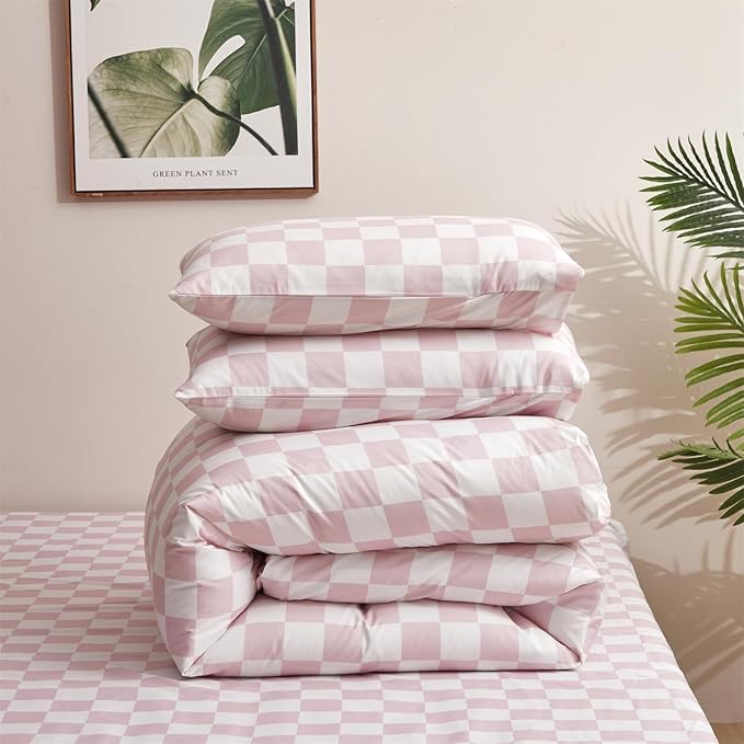 KAREVER Pink White Grid Comforter Set Twin Pink Plaid Bedding Set Girls Blush White Checkered Bed Blanket Set Kids Breathable Durable Bedding Comforter Set