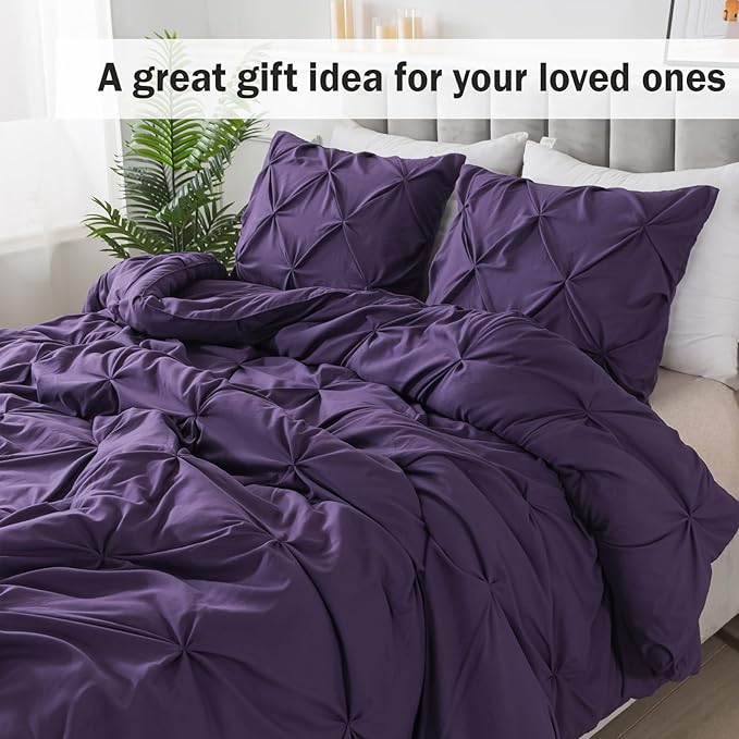 Andency Purple King Size Comforter Set, 3 Pieces Pintuck Lightweight Soft Bedding Comforters & Sets, All Season Microfiber Down Alternative Bed Comforter Set