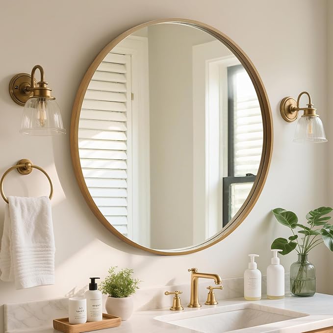 WallBeyond Round Wood Mirror, 32" Round Modern Decoration Large Circle Wall Mirror for Bathroom Living Room Bedroom Entryway, Natural