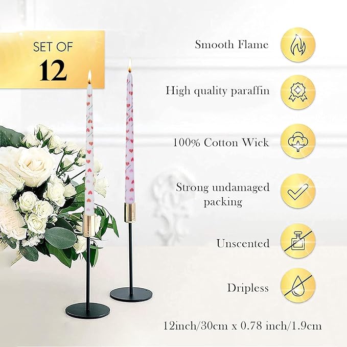 Heart Taper Candles Red Tall Taper Candles 12 inch Unscented Smokeless Candle for Candlesticks Sticks Wedding Home Decor Dinner Christmas Set of 12