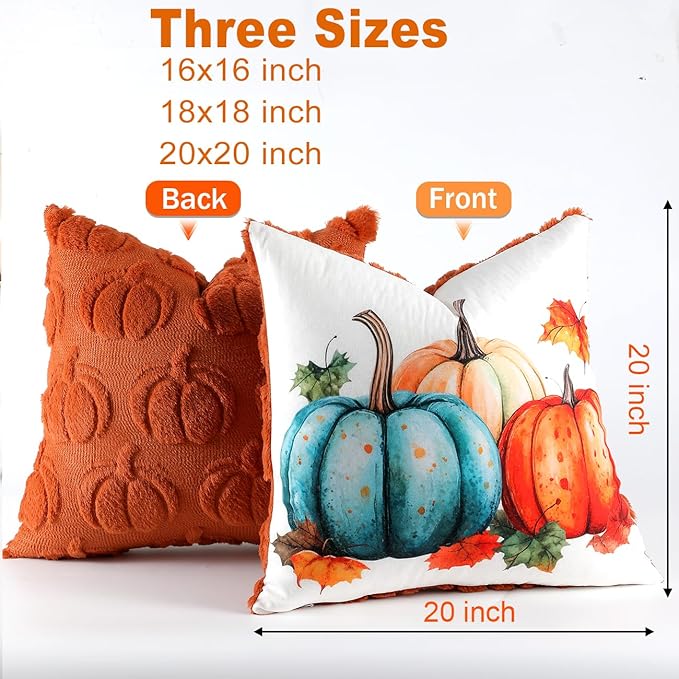 TOYPOPOR Fall Decorations, 2 Packs Double Sided Throw Pillow Covers, Rust Red Soft Faux Fur Pumpkin Pillow Cases Autumn Harvest Thanksgiving Indoor Outdoor Home Decor for Living Room Porch Couch 20x20
