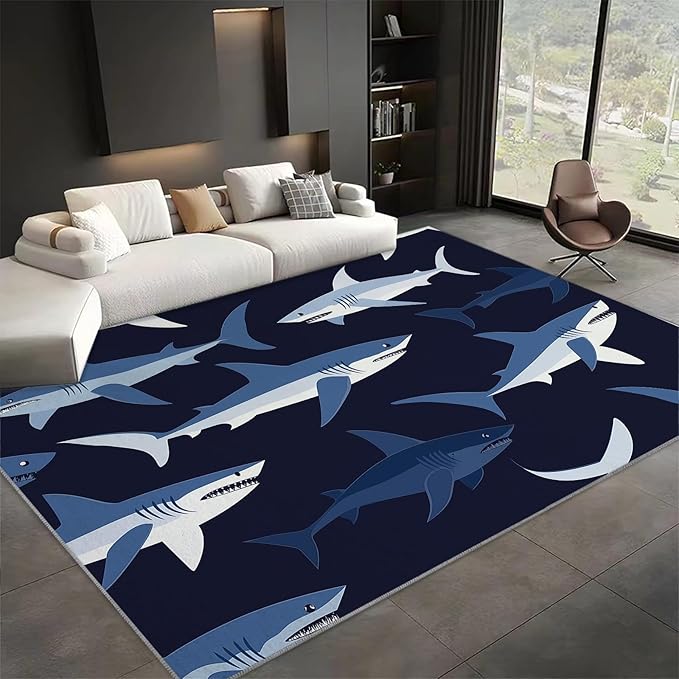 Washable Area Rug for Living Room 5x8 ft Cartoon Shark Dark Blue 3D Print Decor Carpet, Non Slip Stain Resistant Large Area Rugs, for Bedroom Dining Room Office