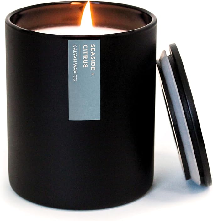 Calyan Wax Co. Soy Wax Candle, Seaside + Citrus Scented Candle, 75 Hour Burn Time, Aromatherapy Soy Candles, Non Toxic & Vegan Soy Wax, Black Tumbler Scented Candles, 13oz