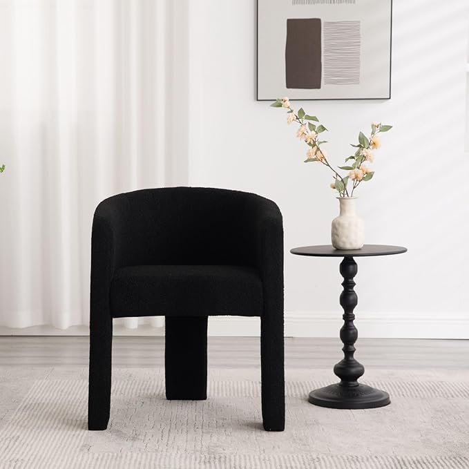 Modern Sherpa Barrel Dining Chair, Upholstered Boucle Dining Chair Accent Chair with Arms Comfy Makeup Vanity Chair, Dining Living Room Kitchen Chair, Black