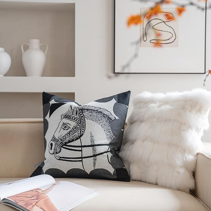 Premium Throw Pillow Covers 18x18 Inches - Black Elegance Palace Horse Chenille Jacquard Embroidery Decorative Couch Pillow Covers for Living Room Bedroom Sofa Home Décor