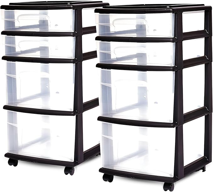 HOMZ 2-Pack Drawer Tower, 4-Tier Clear Plastic Storage Organizer Cart, Black Frame - Organizing Containers with Wheels for Home, Bathroom, Bedroom, Office, and Classroom