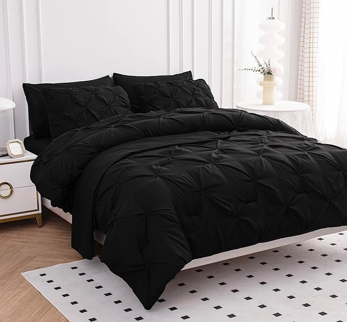 LANE LINEN Comforter Set - 7 Piece Complete Set Including Sheets, Pillowcases, Shams - Soft Premium King Size Bed in a Bag Set, Pintuck - Black