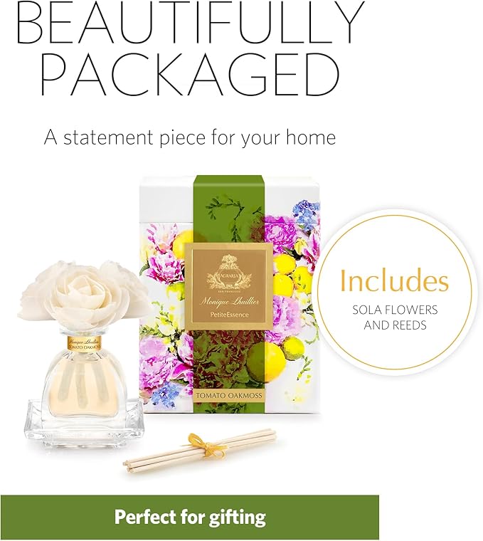 Agraria Monique Lhuillier Tomato Oakmoss PetiteEssence Fragrance Reed Diffuser, 1.7 Oz, Fresh Alluring Sola Flower Earthy Scent Diffusers for Home