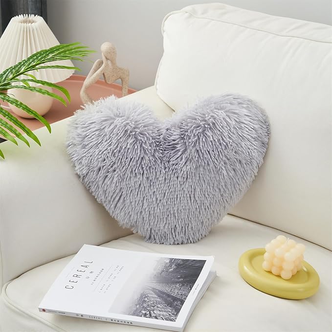 MOOWOO Fluffy Heart Pillow, Shaggy Plush Faux Fur and Sherpa, Cute Soft Throw Cushion Valentines Day Decor for Mothers Day, Christmas Decorations,Love Heart Shaped Throw Pillow